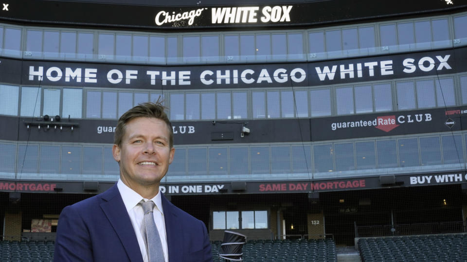 Chris Getz, newly named senior vice president and general manager of the Chicago White Sox, stands for a photo after a news conference Thursday, Aug. 31, 2023, in Chicago. Getz, a former player and front office executive with the Kansas City Royals and the White Sox, is in his seventh season with the baseball team's operations department, including the last three as assistant general manager. (AP Photo/Charles Rex Arbogast)