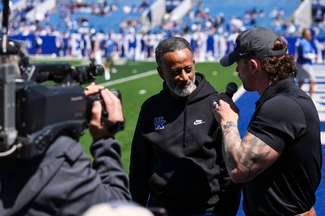 Kentucky women’s basketball head coach Kenny Brooks attends the Blue-White football game at Kroger Field on April 13.