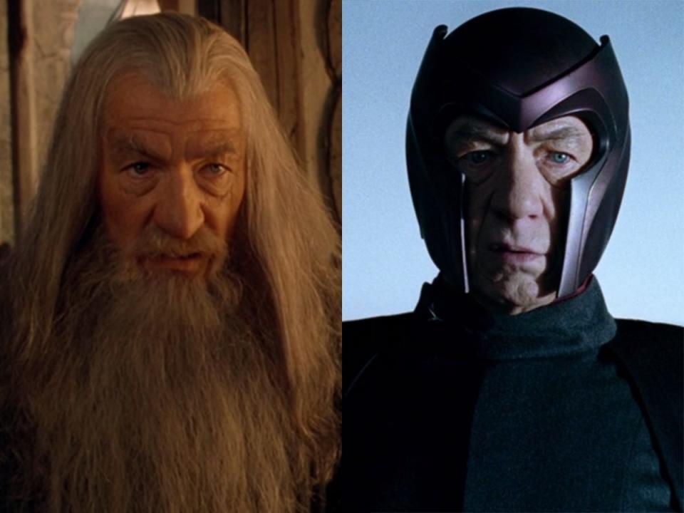 On the left: Ian McKellen as Gandalf in "The Lord of the Ring: The Fellowship of the Rings." On the right: McKellen as Magneto in "X-Men: The Last Stand."