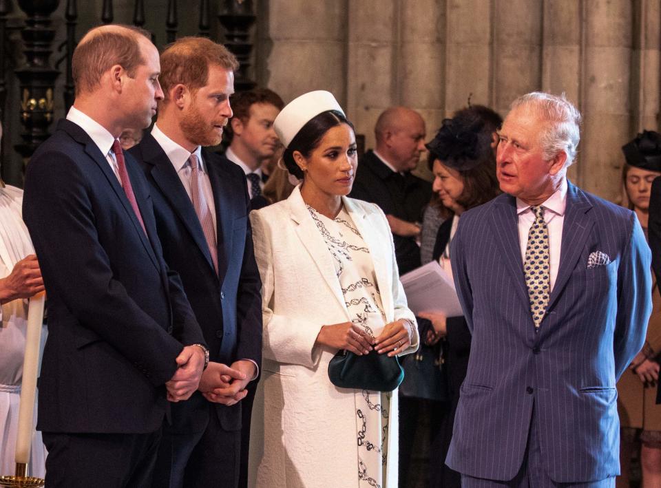 Britain's Meghan, Duchess of Sussex (2R) talks with Britain's Prince Charles, Prince of Wales (R) as Britain's Prince William, Duke of Cambridge, (L) talks with Britain's Prince Harry, Duke of Sussex, (2L) as they all attend the Commonwealth Day service at Westminster Abbey in London on March 11, 2019