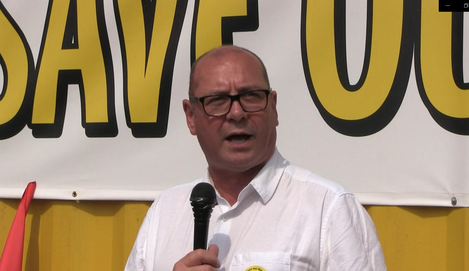 Unite's Steve Turner speaking during a rally at the Harland and Wolff shipyard, Belfast, Northern Ireland. (PA)