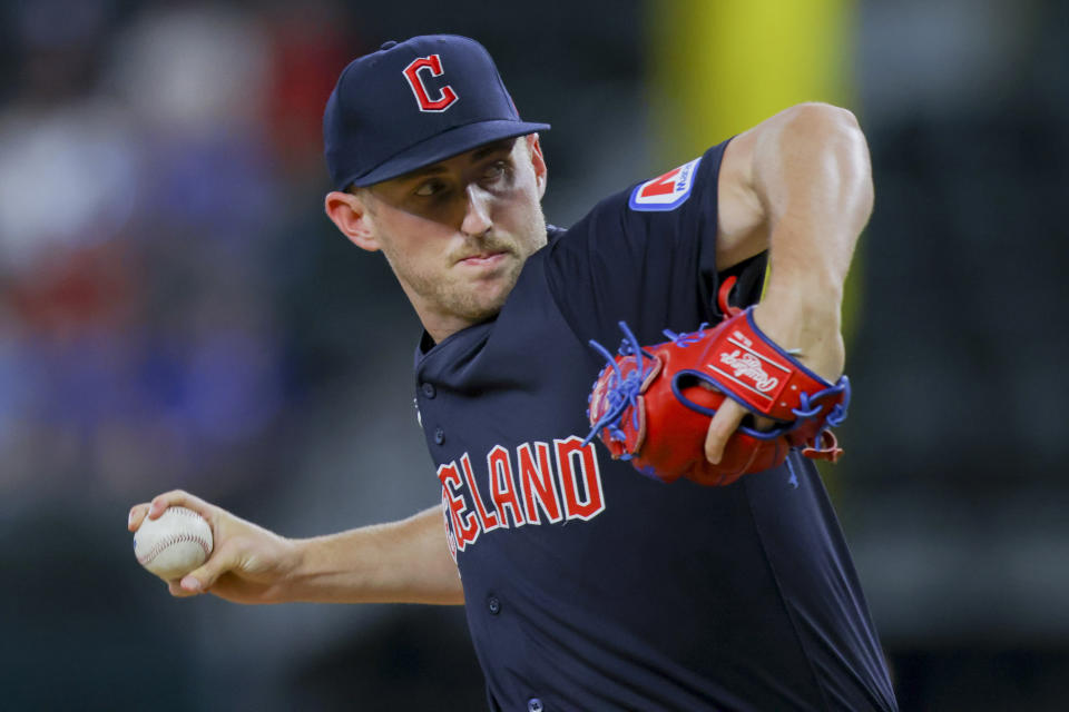 Cleveland Guardians starting pitcher Tanner Bibee delivers during the second inning of a baseball game against the Texas Rangers, Monday, May 13, 2024, in Arlington, Texas. (AP Photo/Gareth Patterson)