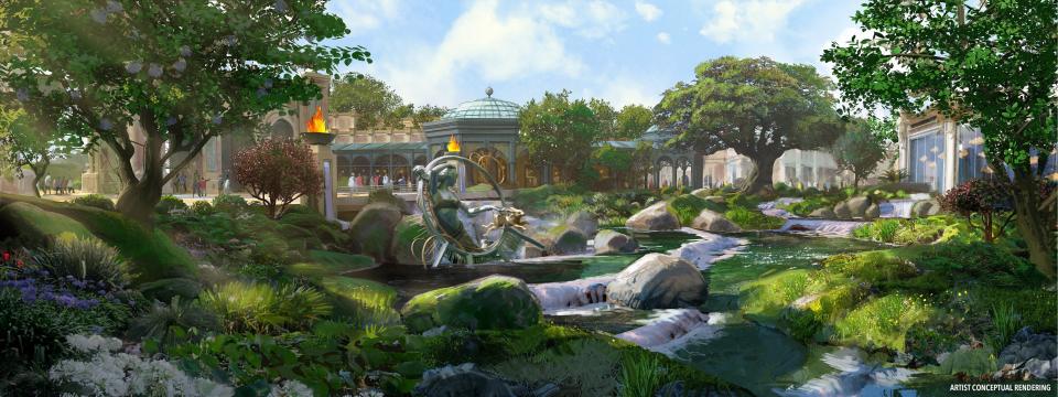 Universal says Celestial Park will feature "lush living gardens nestled along shimmering waters surrounded by stunning architecture inspired by astronomical and mythological elements."