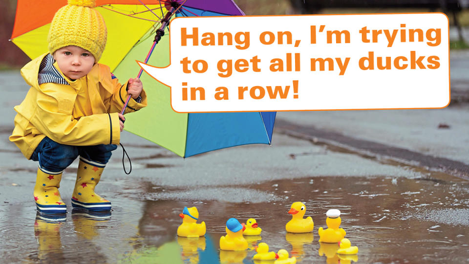 Funny photos: Boy with rubber ducks in puddle and caption, 