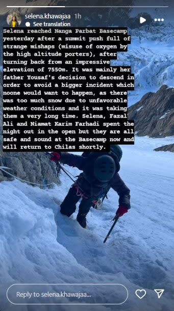 IG post with a picture of Selena on Nanga Parbat and some text