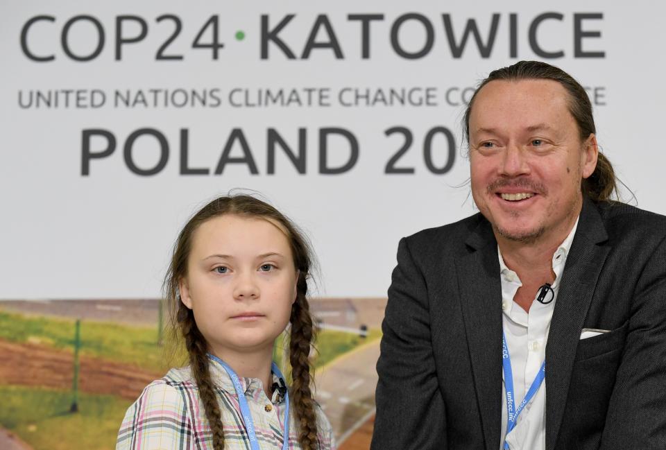 Swedish 15-year old climate activist, Greta Thunberg and her father Svante attend a press conference during the COP24 summit on climate change in Katowice, Poland, on December 04, 2018. - Greta decided to go on school strike every Friday in front of the Swedish parliament to get politicians to act on climate chance following Swedens hottest summer ever. (Photo by Janek SKARZYNSKI / AFP)        (Photo credit should read JANEK SKARZYNSKI/AFP via Getty Images)