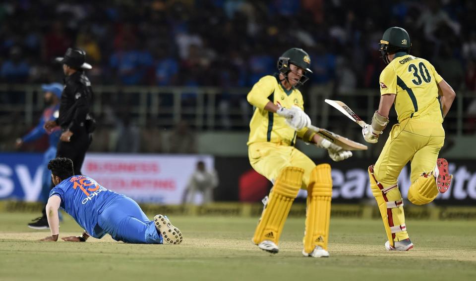 Vizag: Australia's Pat Cummins and Jhye Richardson takes the winning run between the wicket during the first Twenty20 international cricket match against India at the Dr. YS Rajasekhara Reddy ACA–VDCA Cricket Stadium in Vizag, on Sunday, Feb. 24, 2019. (PTI Photo/R Senthil Kumar)(PTI2_24_2019_000252B)