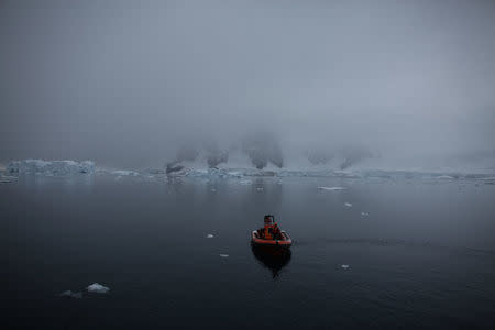 A Greenpeace boat sails in Andvord Bay, Antarctica, February 14, 2018. REUTERS/Alexandre Meneghini