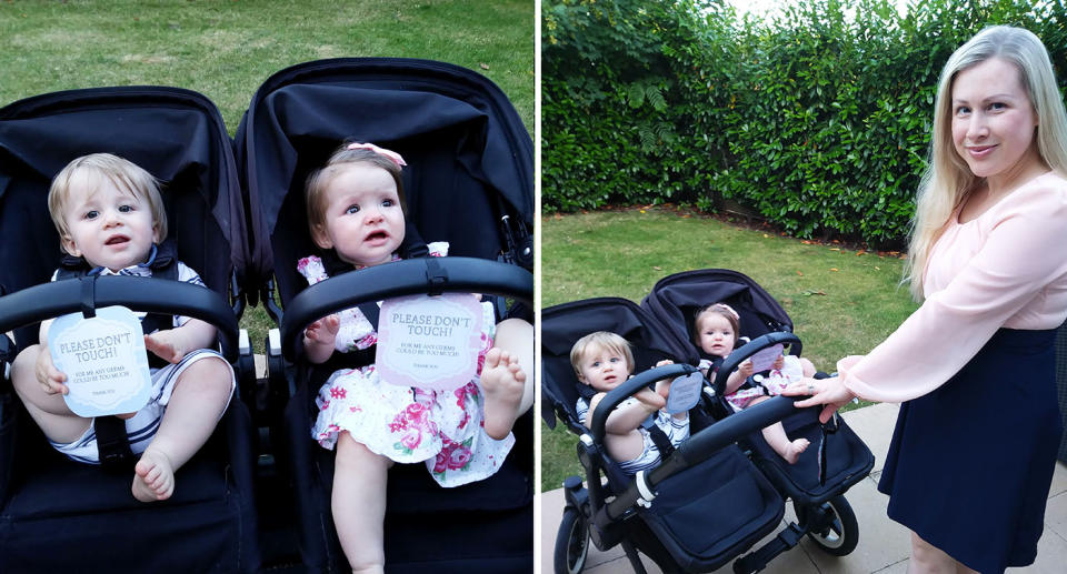 Twins Monty (left) and Coco; Pictured with their mum Helen. [Photo: Caters]