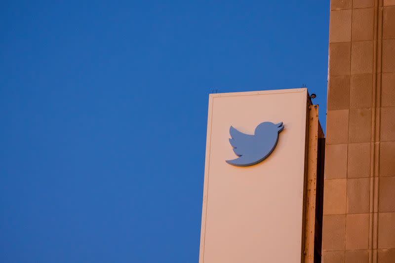 A view of the Twitter logo at its corporate headquarters in San Francisco