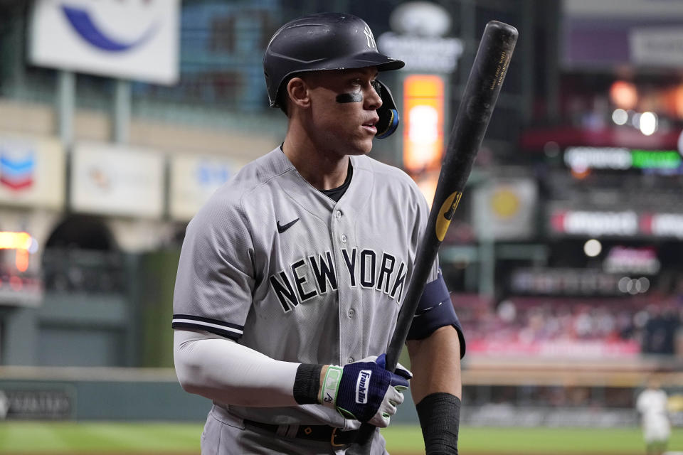 New York Yankees Aaron Judge (99) prepares to bat during the eigth inning in Game 1 of baseball's American League Championship Series between the Houston Astros and the New York Yankees, Wednesday, Oct. 19, 2022, in Houston. (AP Photo/Kevin M. Cox)