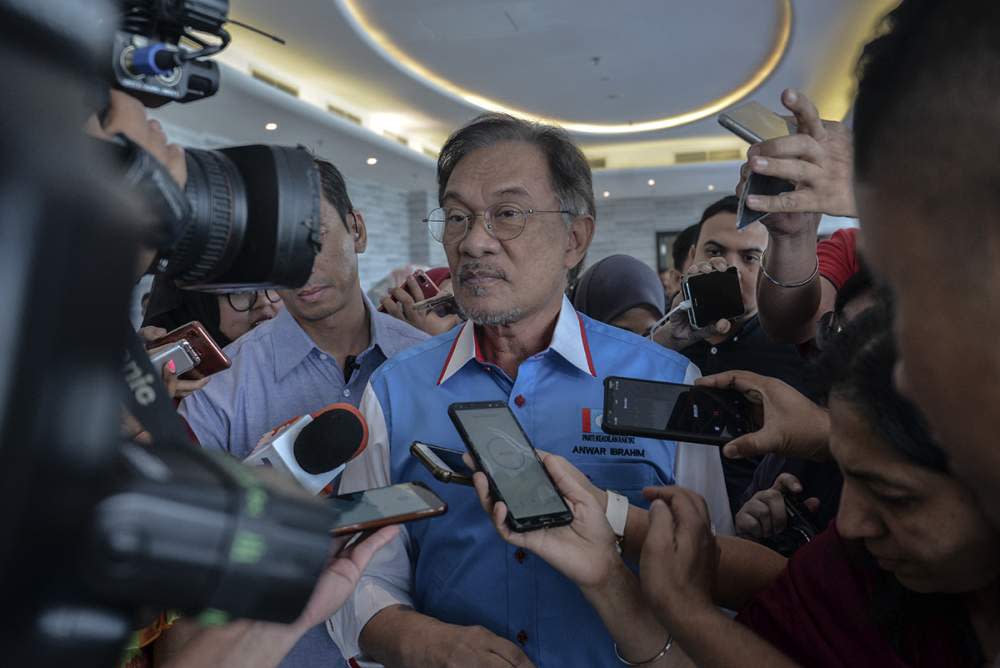 PKR leader Datuk Seri Anwar Ibrahim speaks to reporters during the PKR retreat in Port Dickson July 20, 2019. ― Picture by Shafwan Zaidon