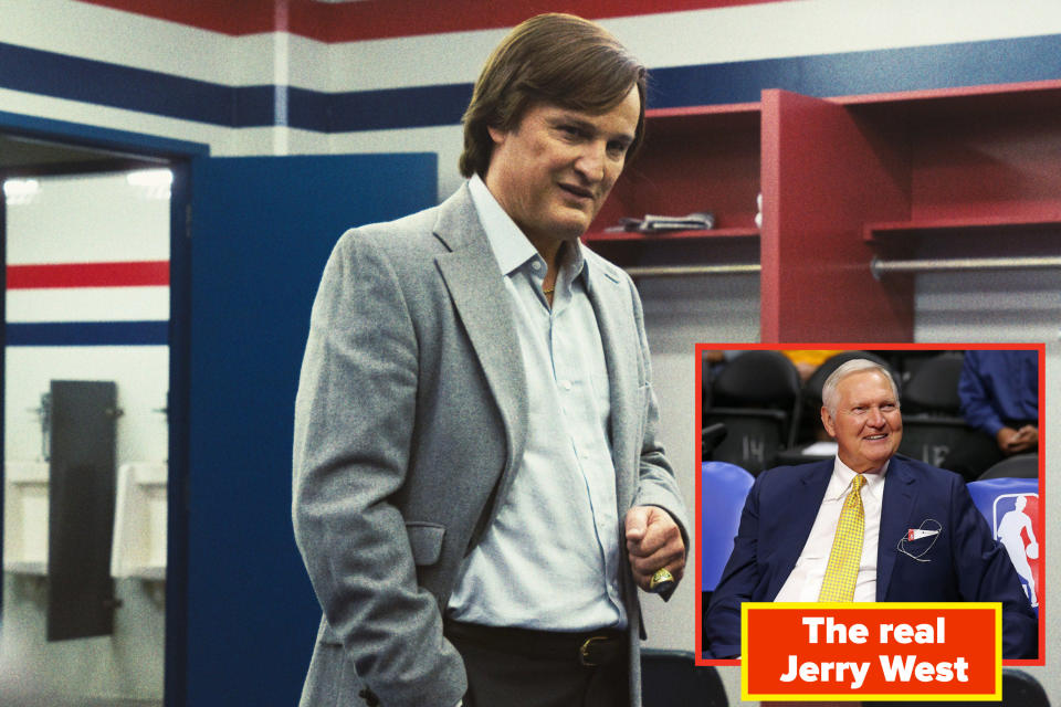 Jason Clarke as Jerry West stands in a locker room in "Winning Time"