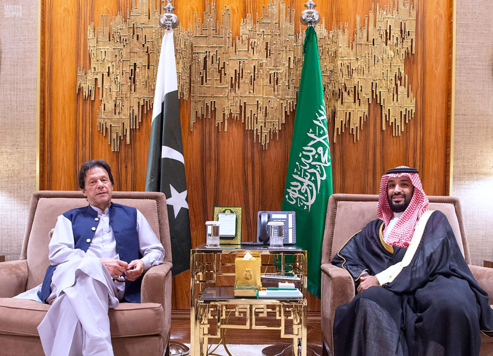 In this Tuesday, Oct, 15, 2019, photo released by Saudi Press Agency, SPA, Saudi Arabia's Crown Prince Mohammed bin Salman, right, meets with Pakistani Prime Minister Imran Khan, in Riyadh, Saudi Arabia. Khan's visit comes after traveling on Sunday to Iran, where he met President Hassan Rouhani and Supreme Leader Ayatollah Ali Khamenei. (Saudi Press Agency via AP)