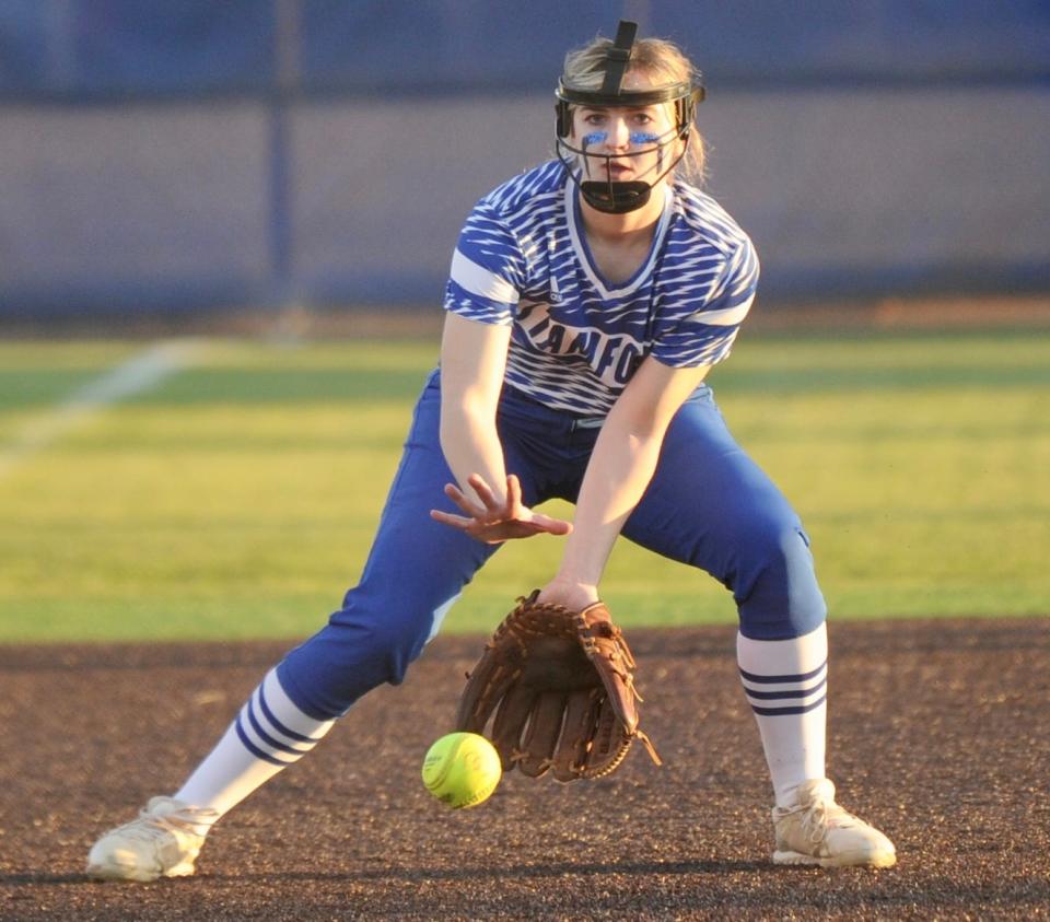 Stamford's Shandlee Mueller fields a groundball against Cooper on March 8.