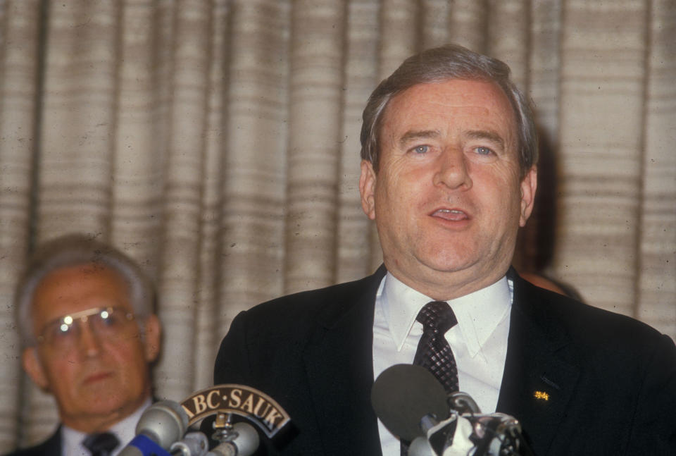 Jerry Falwell gives a press conference after meeting with Botha in Pretoria, South Africa August 15, 1985.     REUTERS/Trevor Samson