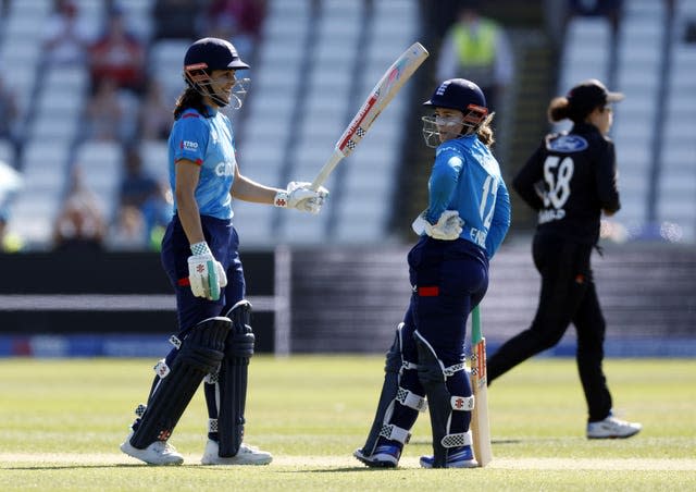 England Women’s Maia Bouchier celebrates reaching her half century with Tammy Beaumont at Chester-le-Street 