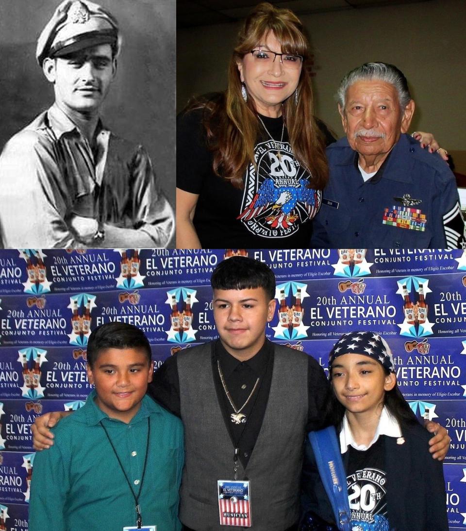 TOP LEFT: Eligio Escobar. TOP RIGHT: Linda Escobar with veteran Sgt. Jose Angel Silva at the 20th annual El Veterano Conjunto Festival. BOTTOM: Past recipients of the Eligio Escobar Scholarship Award are Josiah Garza (left to right), Diego Campos, Christopher Ramirez at the 20th annual festival. Photos courtesy Munoz Snapshots and Linda Escobar