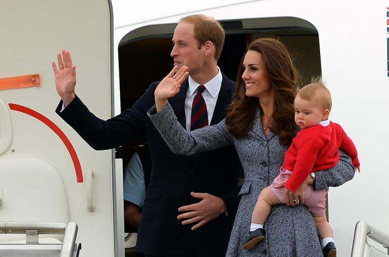 Prince William, his wife Kate and their son Prince George leve Australia from Defence Establishment Fairbairn in Canberra on April 25, 2014