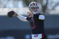 San Francisco 49ers quarterback Brock Purdy (13) passes during an NFL football practice in Santa Clara, Calif., Thursday, Jan. 26, 2023. The 49ers are scheduled to play the Philadelphia Eagles Sunday in the NFC championship game. (AP Photo/Jeff Chiu)