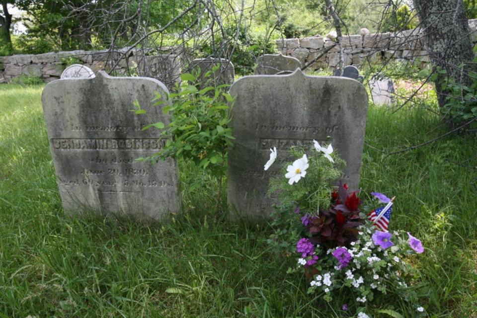 Among those interred in the Robinson Burial Ground at Canonchet Farm are Benjamin Robinson, who died in 1830 at age 66, and his wife, Elizabeth, who died in 1855 at age 86.
