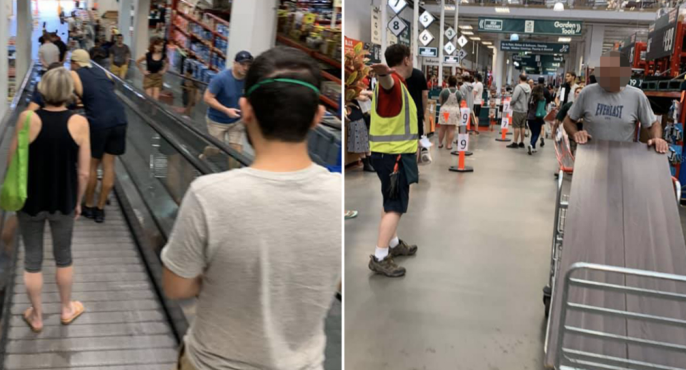 Shoppers shown inside a busy Bunnings store in Sydney, some not adhering to social distancing rules. Source: Facebook