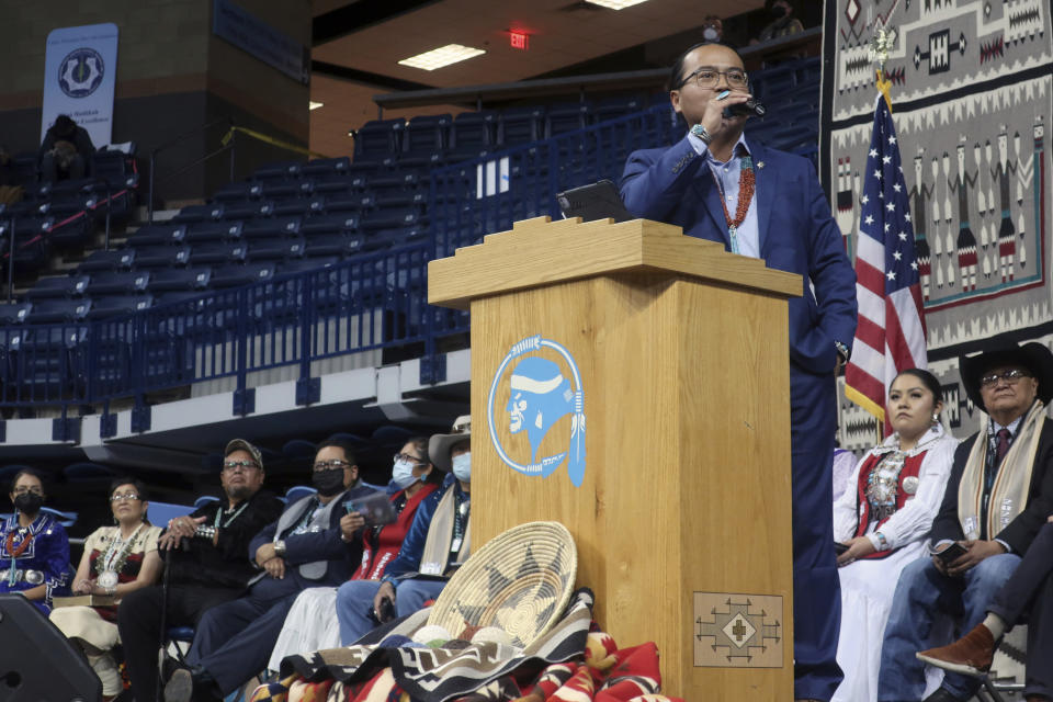 Navajo President Buu Nygren delivers his inaugural speech Tuesday, Jan. 10, 2023, in Fort Defiance, Ariz. Navajo President Buu Nygren is the youngest person elected to the position, while Vice President Richelle Montoya is the first woman to hold that office. (AP Photo/Felicia Fonseca)