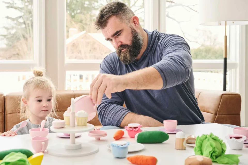 <p>courtesy of Pottery Barn Kids</p> Jason Kelce enjoys a tea party with daughter Elliotte