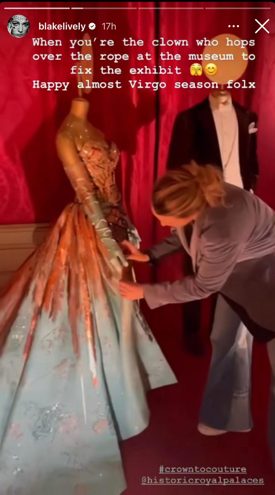 Blake Lively adjusts a dress in a screenshot of her Instagram post.