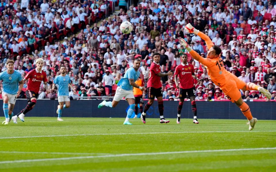 Manchester United's Alejandro Garnacho, second left, shoots on goal during the English FA Cup final - AP/Jon Super