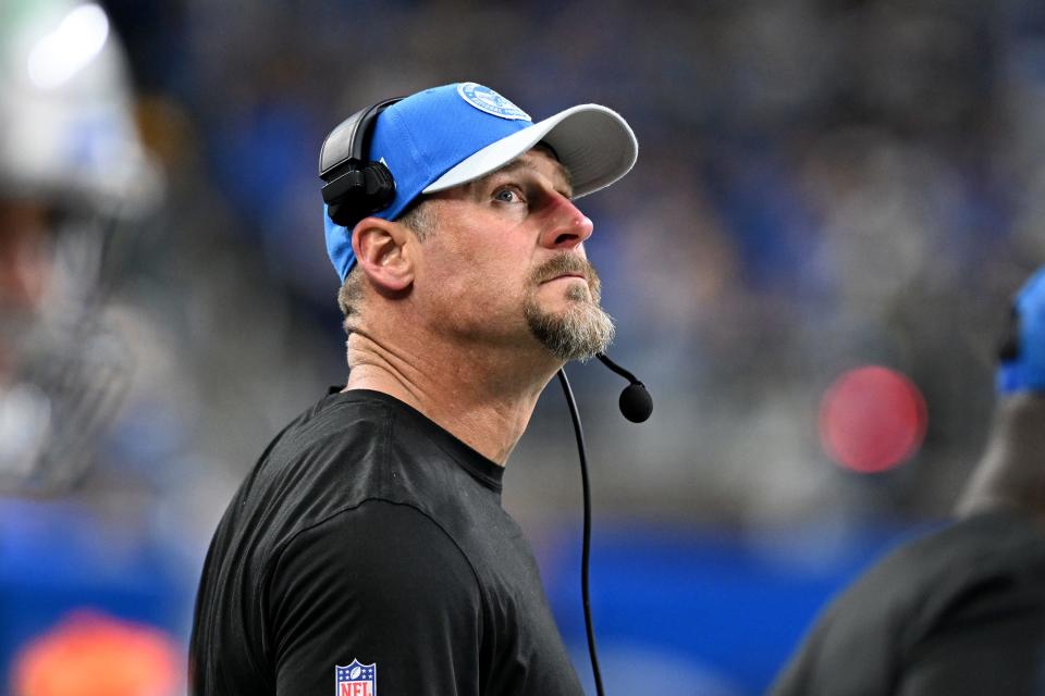 Nov 23, 2023; Detroit, Michigan, USA; Detroit Lions head coach Dan Campbell on the sidelines against the Green Bay Packers in the fourth quarter at Ford Field. Mandatory Credit: Lon Horwedel-USA TODAY Sports