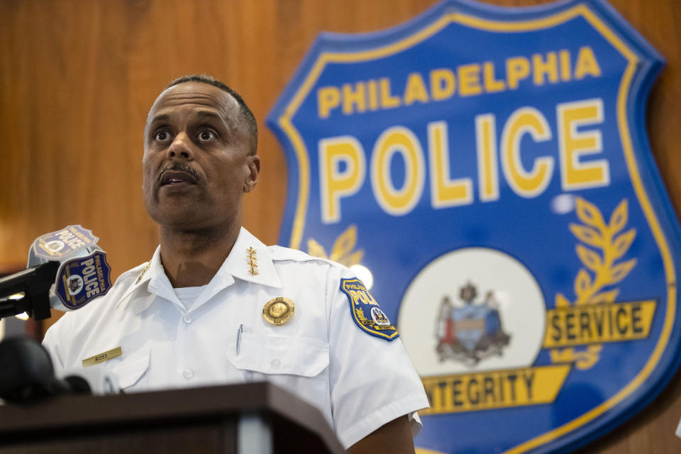 Philadelphia Police Commissioner Richard Ross speaks with members of the media during a news conference in Philadelphia, Monday, June 17, 2019. Authorities in Philadelphia say a man has been killed and at least five other people were wounded in a shooting Sunday night at a graduation party. (AP Photo/Matt Rourke)