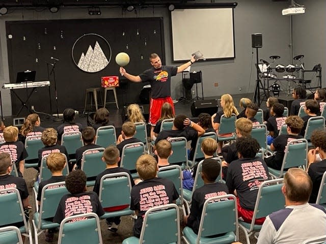 Crossfire Ministries' co-founder Randy Shepherd talks with campers during the camp held June 27-July 1 at Hendersonville First Baptist Church.