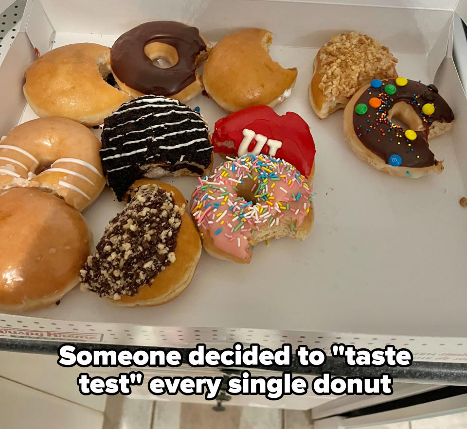 A box of donuts, each with a bite taken out of it, with the caption "Someone decided to 'taste test' every single donut"