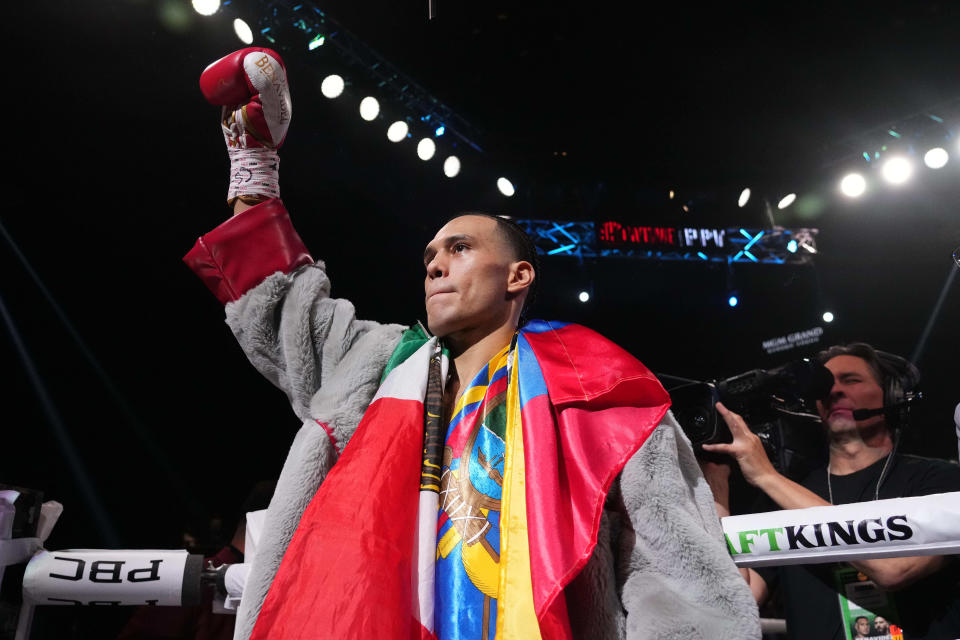 Mar 25, 2023; Las Vegas, Nevada, USA; David Benavidez enters the arena to face Caleb Plant (not pictured) in their Interim WBC Super Middleweight Championship boxing bout at MGM Grand Garden Arena. Mandatory Credit: Joe Camporeale-USA TODAY Sports