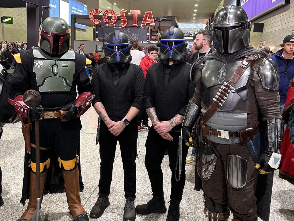 Cosplayers dressed as Boba Fett, Clone troopers and Din Djarin at Star Wars Celebration.