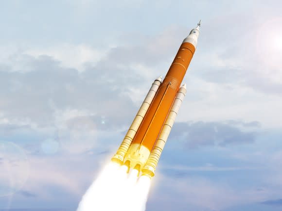 A rocket ascending into the sky