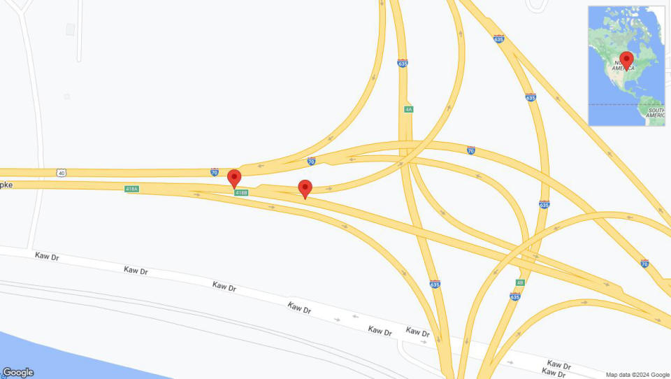 A detailed map that shows the affected road due to 'Broken down vehicle on eastbound I-70 in Kansas City' on July 26th at 3:41 p.m.