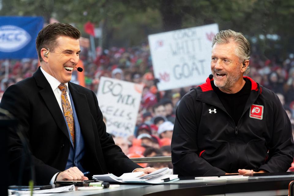 Rece Davis, left and Utah’s head coach Kyle Whittingham talk during the filming of ESPN’s “College GameDay” show at the University of Utah in Salt Lake City on Saturday, Oct. 28, 2023. | Megan Nielsen, Deseret News