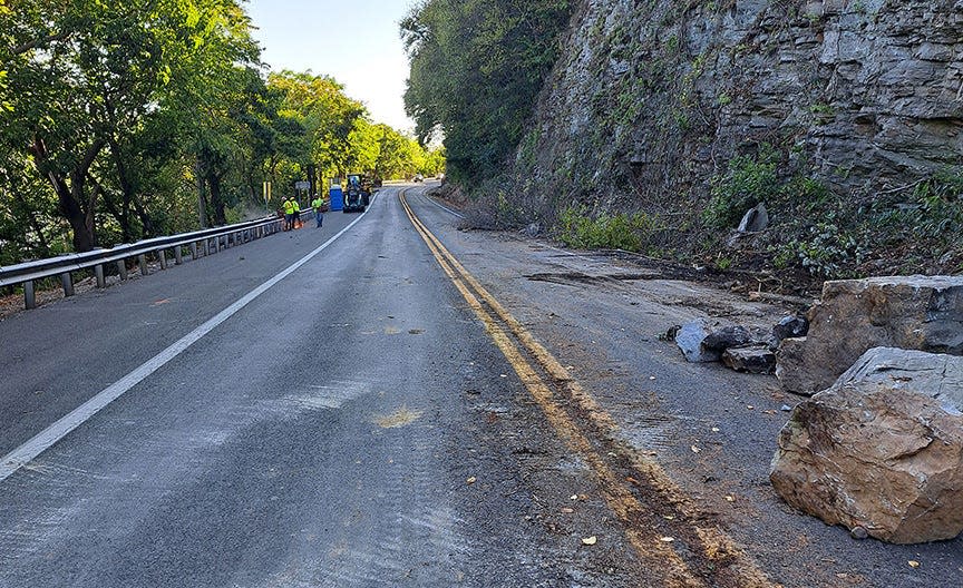 During a recent project to install mesh barriers and fencing to catch future rock falls above U.S. 340, crews removed loose material and large rocks threatening to fall.