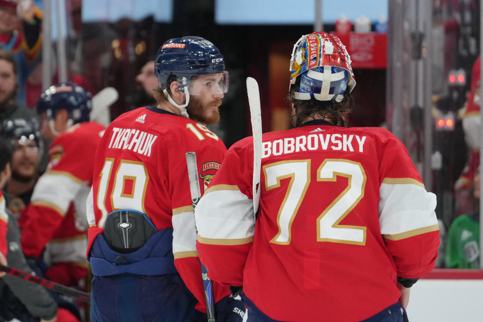 SUNRISE, FL - JUNE 10: Florida Panthers left wing Matthew Tkachuk (19) talks with Florida Panthers goaltender Sergei Bobrovsky (72) late in the third period during game four of the Stanley Cup Finals between the Vegas Golden Knights and the Florida Panthers on Saturday, June 10, 2023 at FLA Live Arena, Sunrise, Fla. (Photo by Peter Joneleit/Icon Sportswire via Getty Images)