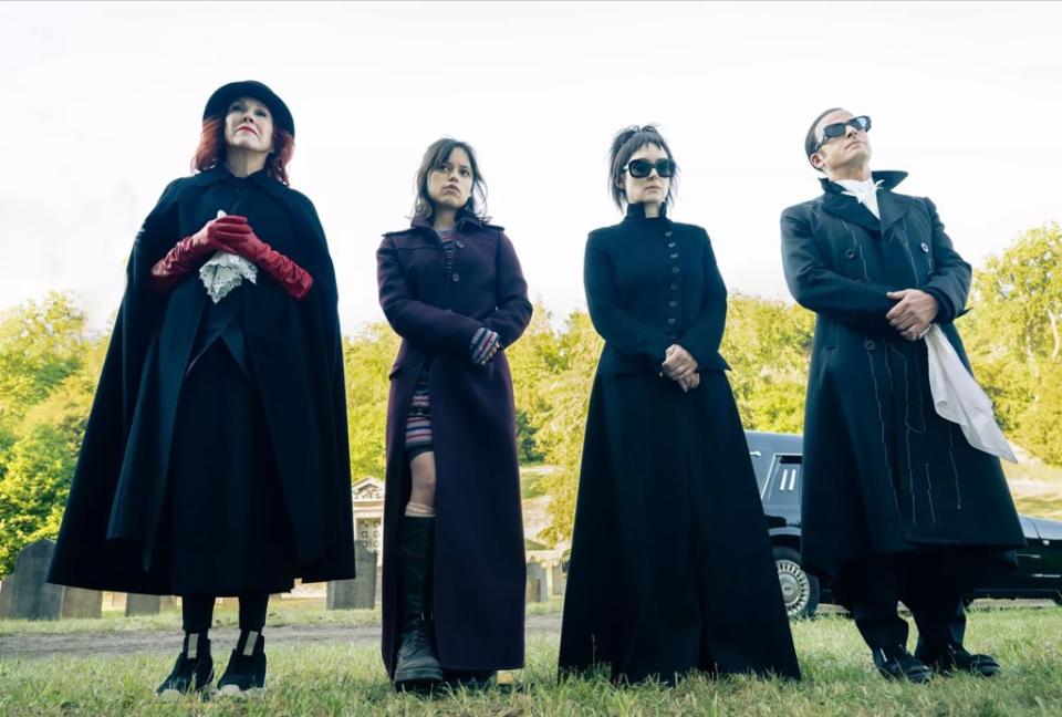 Catherine O’Hara (from left), Jenna Ortega, Winona Ryder and Justin Theroux in a scene from the “Beetlejuice” sequel. Parisa Taghizadeh / Warner Bros.