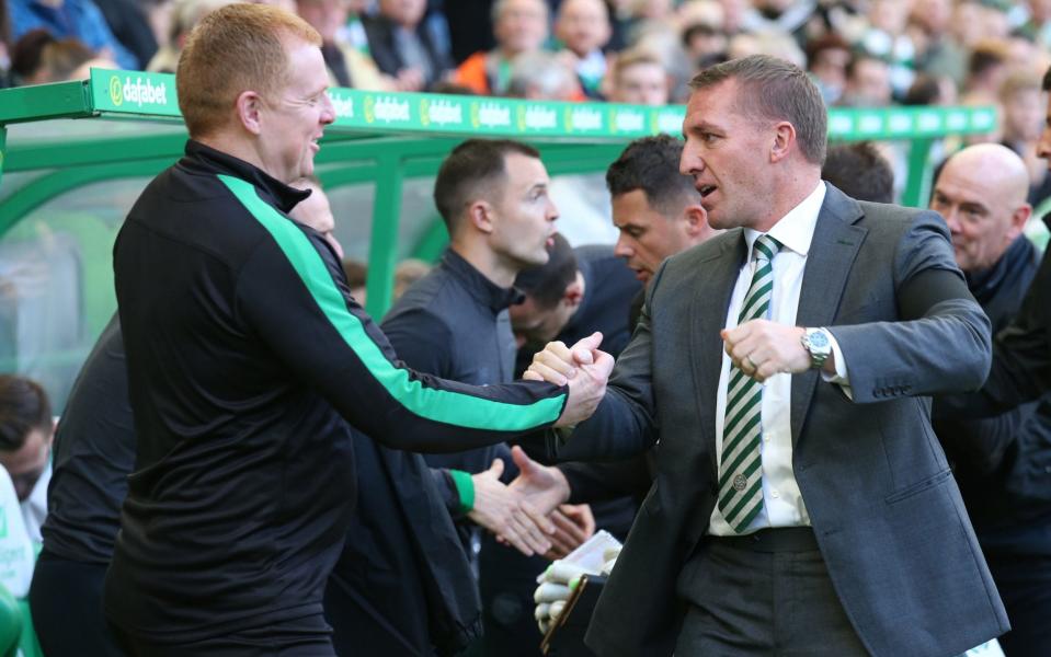 Brendan Rodgers and Celtic will secure a seventh Scottish title in a row if they beat Neil Lennon's Hibs this weekend - PA