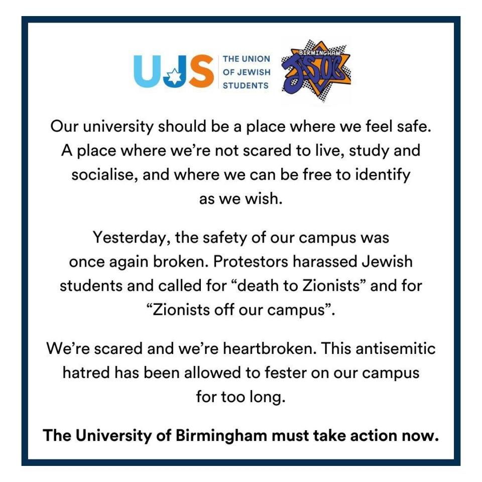 Jews have called for action from Birmingham University amid concerns over safety at the campus