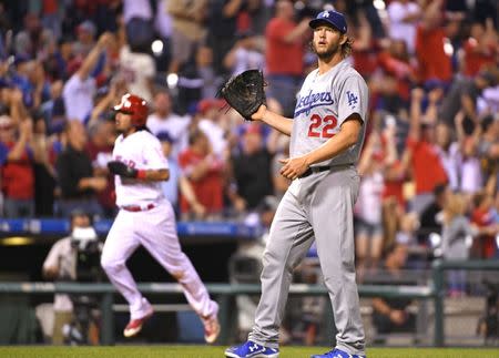 Sep 18, 2017; Philadelphia, PA, USA; Los Angeles Dodgers starting pitcher Clayton Kershaw (22) reacts after allowing a grand slam home run against the Philadelphia Phillies at Citizens Bank Park. Mandatory Credit: Eric Hartline-USA TODAY Sports