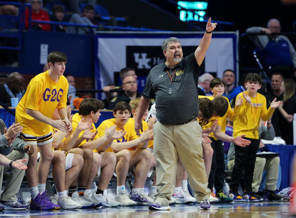 Lyon County head coach Ryan Perry instructs his team against Newport during the Sweet 16 tournament at Rupp Arena.