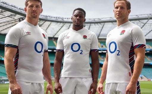 Tom Curry, Maro Itoje and Max Malins model the new England kit