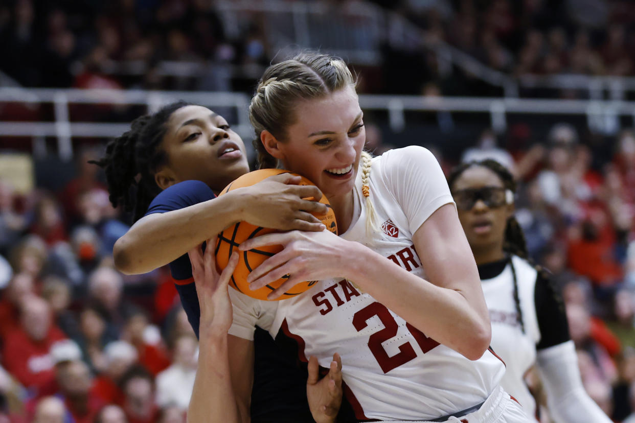 Cameron Brink (right) and her Stanford Cardinal suffered an upset loss to Mississippi on March 19, 2023, in Stanford, Calif. (AP Photo/Josie Lepe)