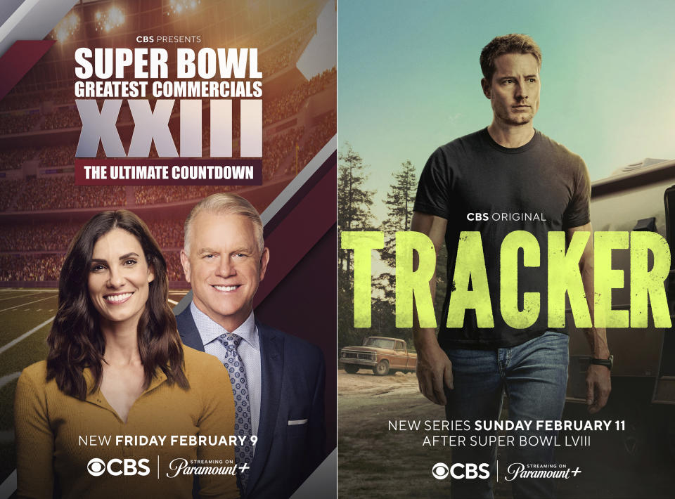 This combination of images shows promotional art for the special “Super Bowl Greatest Commercials XXIII: The Ultimate Countdown,” left, and the new series "Tracker" premiering after the Super Bowl. (CBS/Paramount+ via AP)