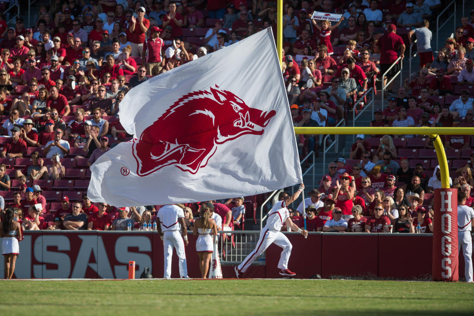 Aug 31, 2019; Fayetteville, AR, USA; The Arkansas Razorbacks flag is displayed after a touchdown during the game against the Portland State Vikings at Donald W. Reynolds Razorback Stadium. Mandatory Credit: Brett Rojo-USA TODAY Sports